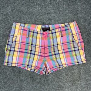 Y2K Mascara Shorts Women's Juniors 5 Pink Yellow Plaid Low Rise 2.5" Inseam